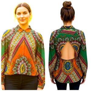 Farm Rio Womenโs Colourful Mandel Patterned Button Down Open Back Top Size Small